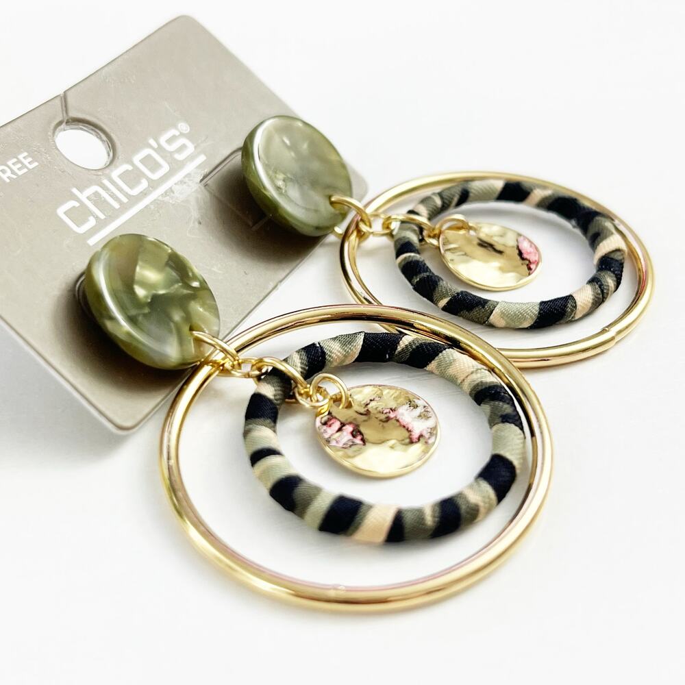 NEW Chico's Gold Tone & Green Hoop Drop Earrings - Picture 5 of 5